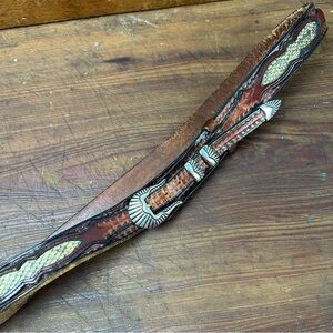 Vintage Chacon Brown Leather Belt Silver Buckle Set Snakeskin Size 40